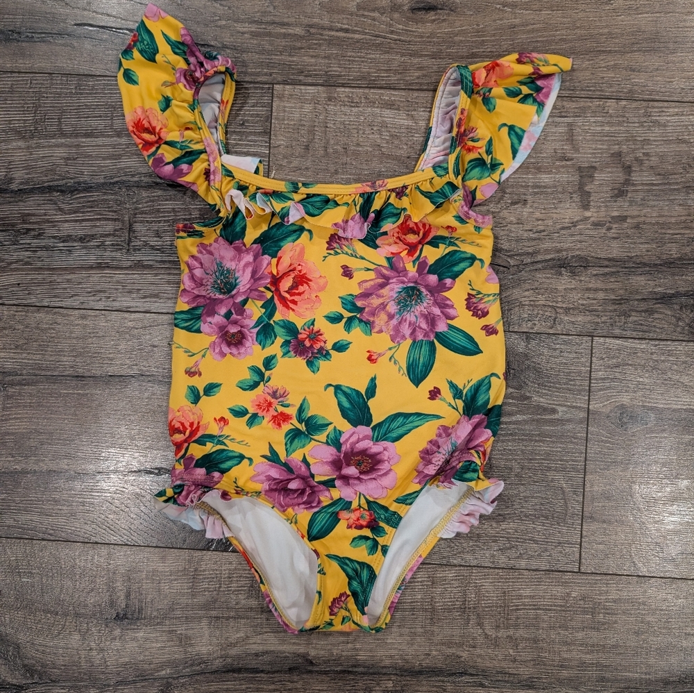 Janie and Jack Size 5 Girl Bathing Suit Yellow Floral Swimsuit One Piece